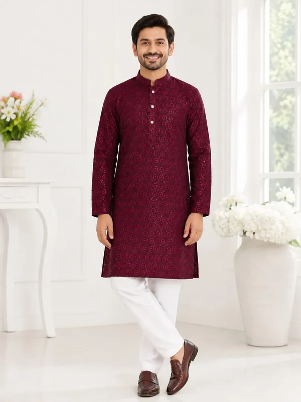 Maroon_Textured_Straight_Kurta_for_Men
