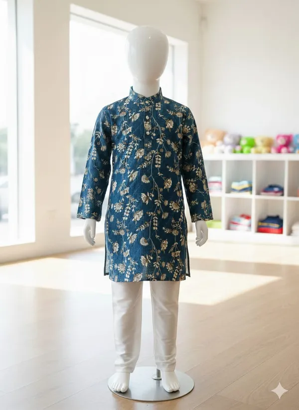 Blue_Floral_Print_Kurta_Set_For_Boys