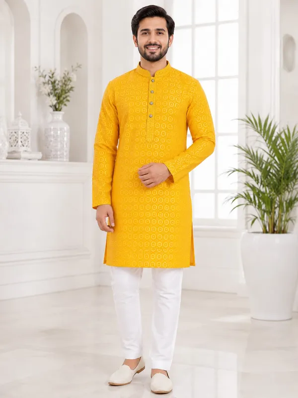 Yellow_Straight_Fit_Patterned_Kurta_for_Men