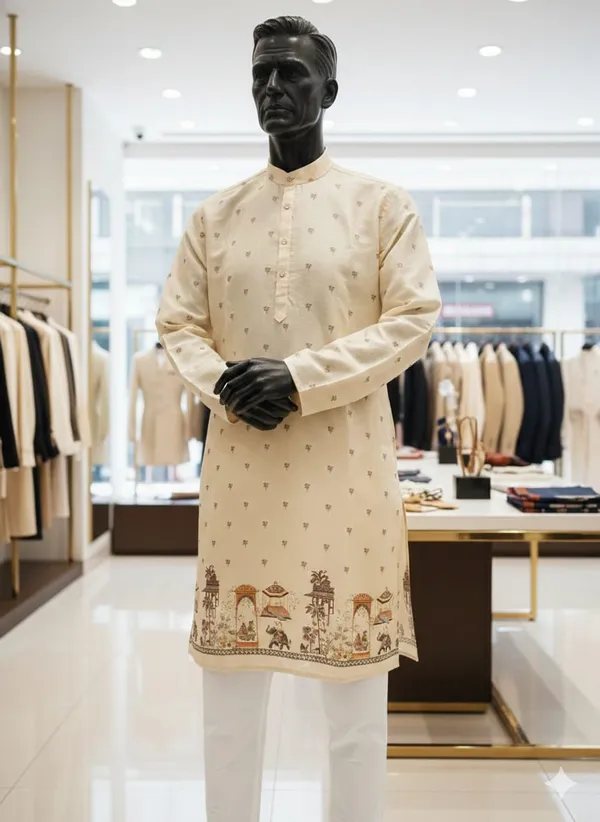 Cream_Printed_Straight_Kurta_For_Men