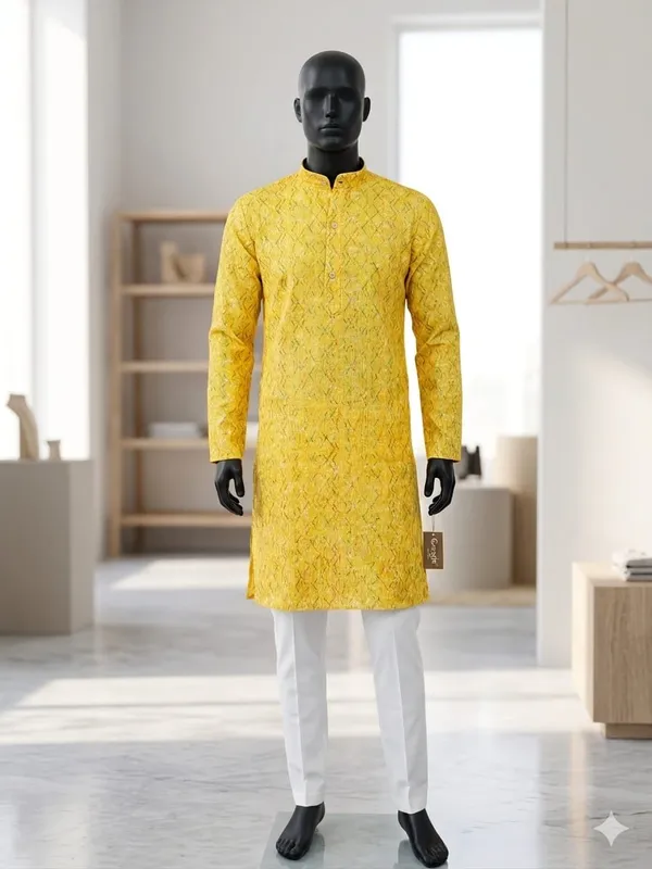 Yellow_Jacquard_Straight_Kurta_Set_for_Men