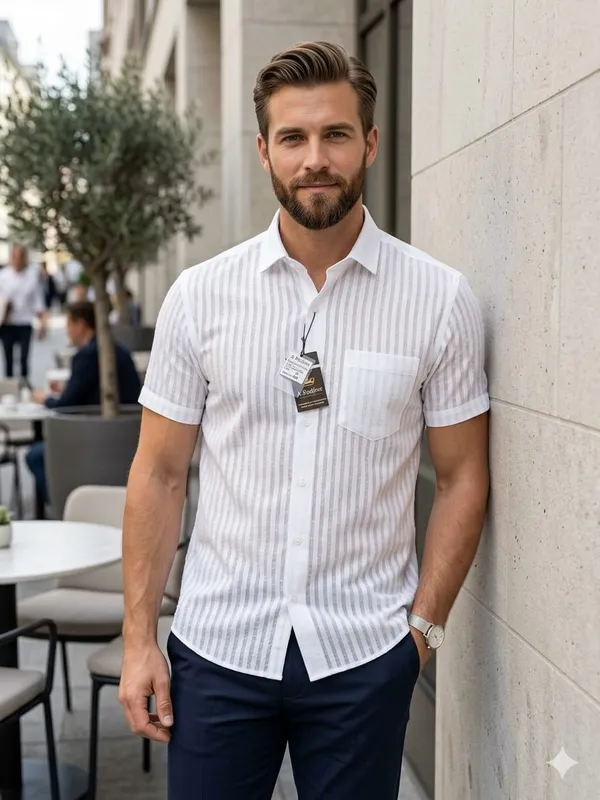 White_Striped_Short_Sleeve_Shirt_for_Men