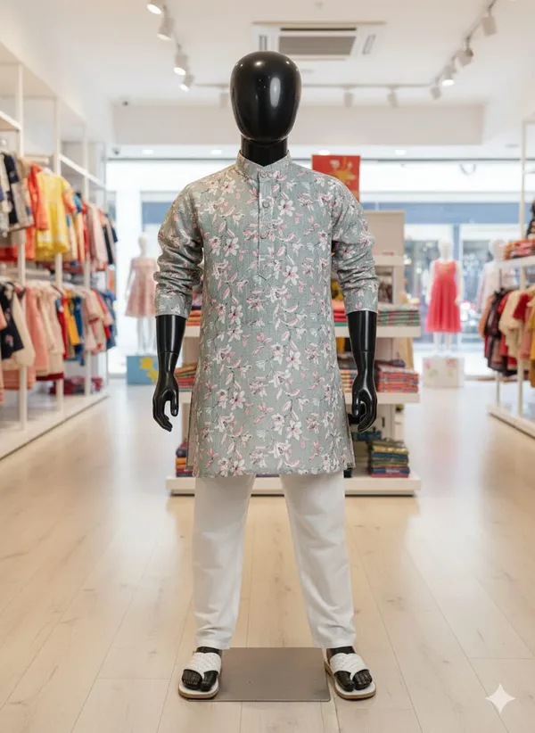 Grey_Floral_Print_Straight_Kurta_for_Men