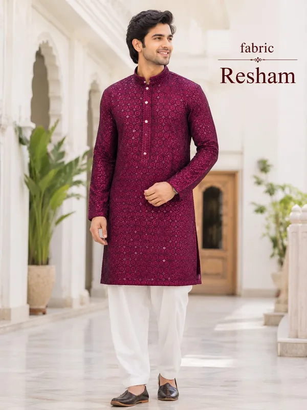 Maroon_Resham_Straight_Fit_Kurta_For_Men