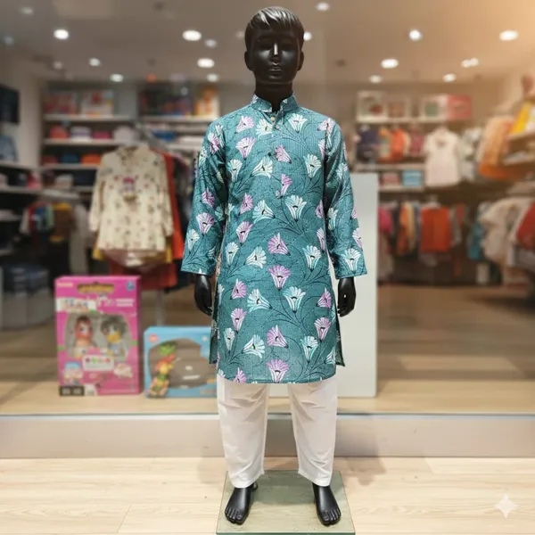 Teal_Floral_Print_Kurta_Pajama_Set_for_Boys