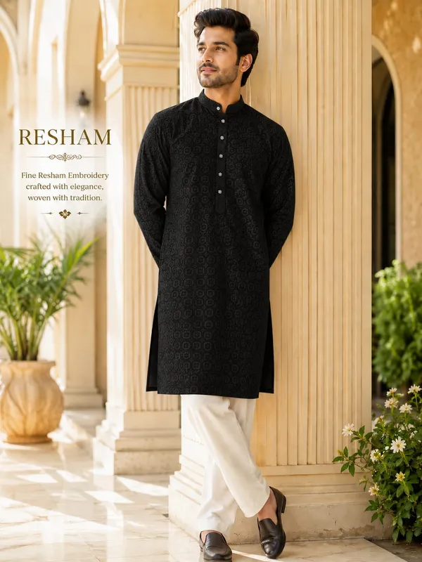 Black_Embroidered_Straight_Kurta_For_Men