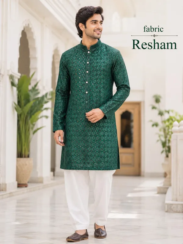 Green_Resham_Straight_Kurta_for_Men