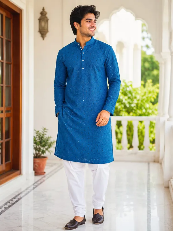 Blue_Patterned_Straight_Kurta_for_Men