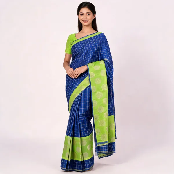 Blue_Cotton_Silk_Checked_Saree_For_Women