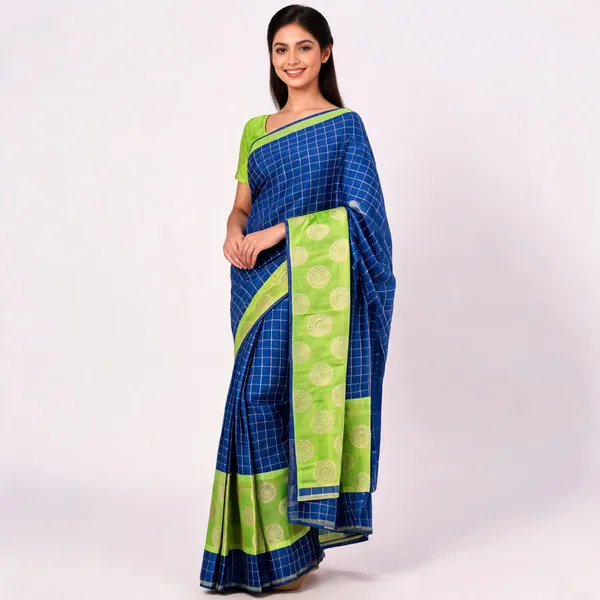 Blue_Cotton_Silk_Checked_Saree_For_Women