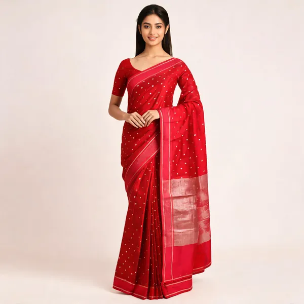 Red_Banarasi_Worm_Silk_Floral_Motif_Saree_For_Women