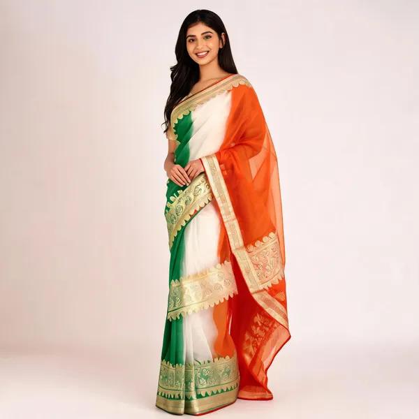 Green_White_Orange_Banarasi_Organza_Saree_For_Women