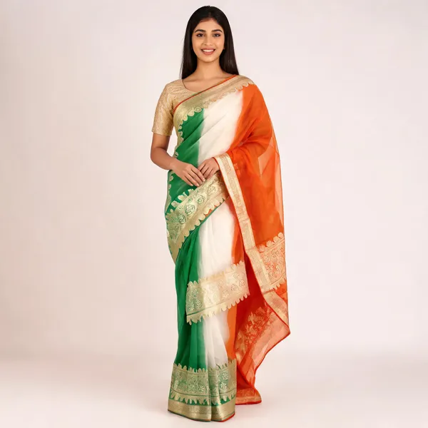 Green_White_Orange_Banarasi_Organza_Saree_For_Women