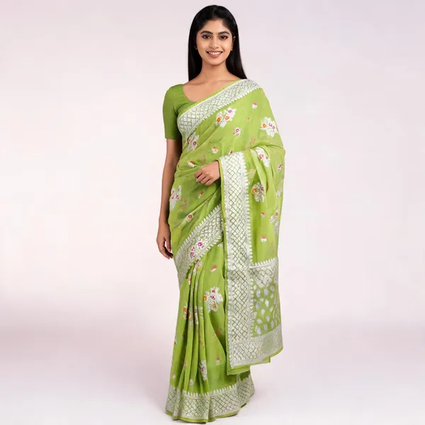 Green_Banarasi_Georgette_Floral_Motif_Saree_For_Women