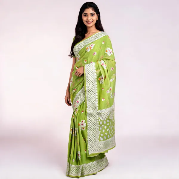 Green_Banarasi_Georgette_Floral_Motif_Saree_For_Women