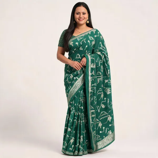 Green_Banarasi_Georgette_Printed_Saree_For_Women