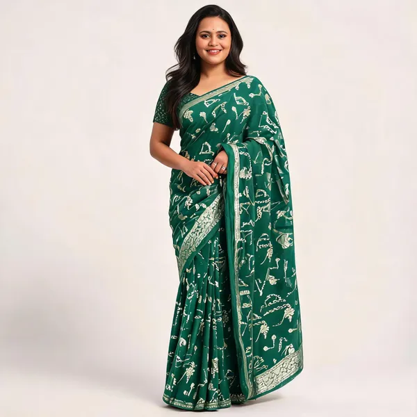 Green_Banarasi_Georgette_Printed_Saree_For_Women