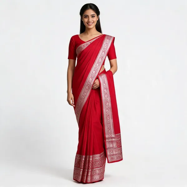 Red_Banarasi_Worm_Silk_Woven_Border_Saree_For_Women