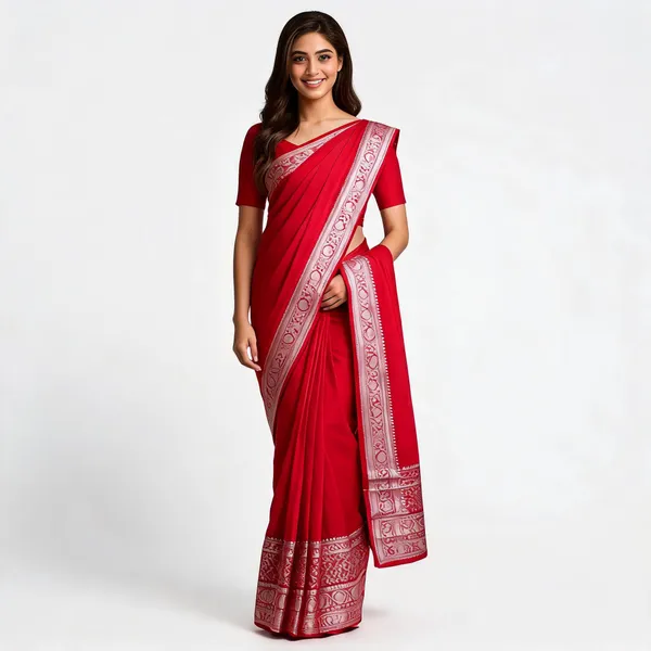 Red_Banarasi_Worm_Silk_Woven_Border_Saree_For_Women