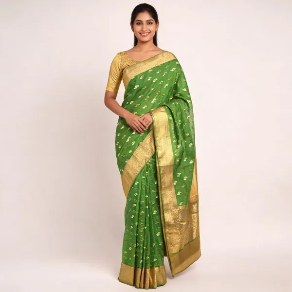 Green_Banarasi_Organza_Floral_Woven_Saree_For_Women