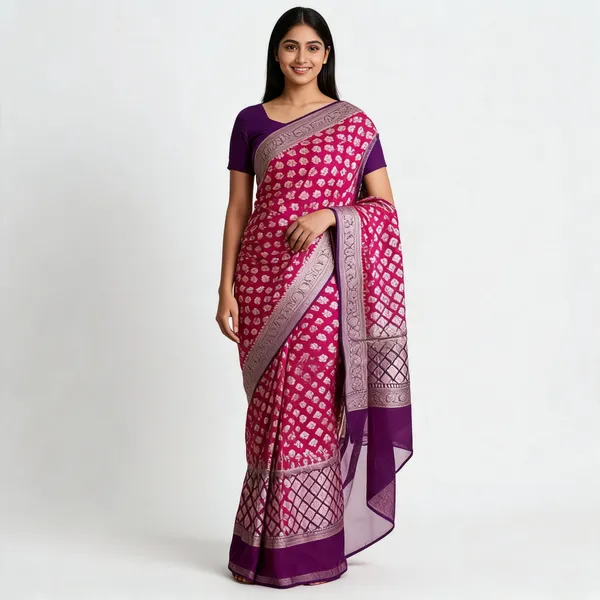Pink_Handloom_Banarasi_Khaddi_Georgette_Floral_Saree_For_Women