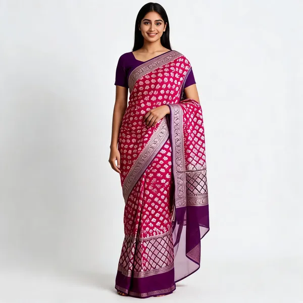 Pink_Handloom_Banarasi_Khaddi_Georgette_Floral_Saree_For_Women