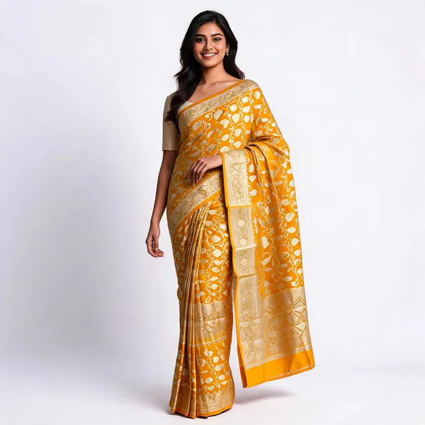 Yellow_Banarasi_Worm_Silk_Saree_For_Women