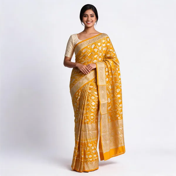 Yellow_Banarasi_Worm_Silk_Saree_For_Women