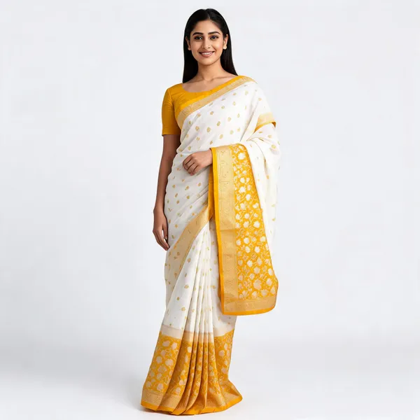 White_Mustard_Banarasi_Worm_Silk_Saree_For_Women