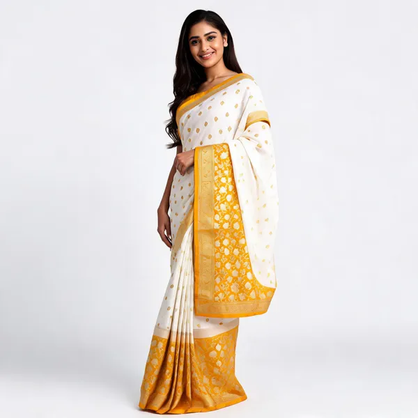 White_Mustard_Banarasi_Worm_Silk_Saree_For_Women