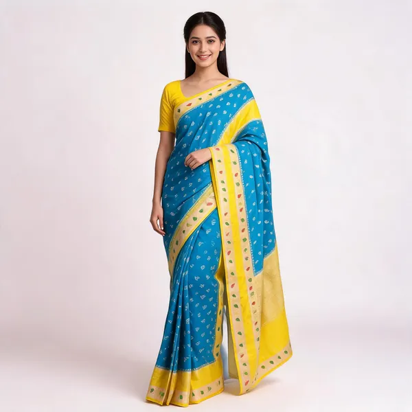 Blue_Banarasi_Worm_Silk_Floral_Saree_For_Women