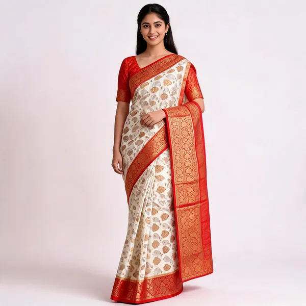 Cream_Banarasi_Worm_Silk_Saree_For_Women