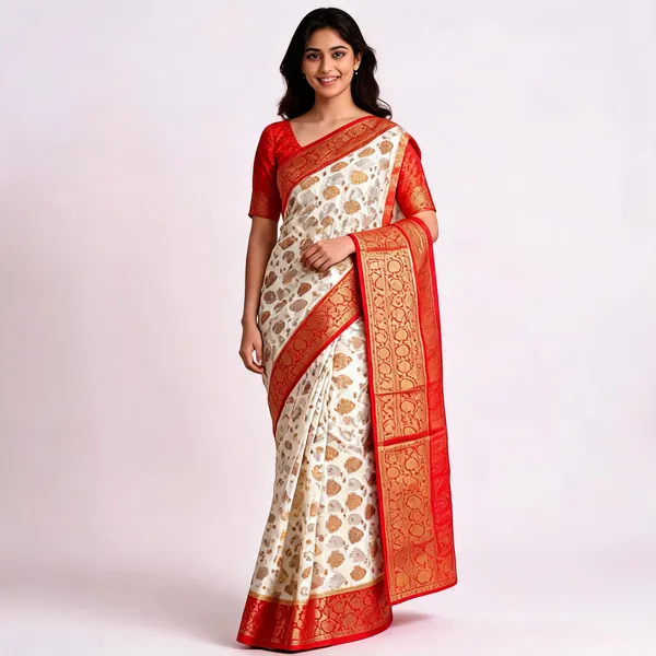 Cream_Banarasi_Worm_Silk_Saree_For_Women