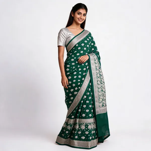 Green_Banarasi_Georgette_Silver_Woven_Saree_For_Women