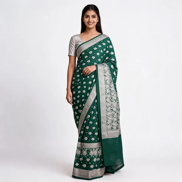 Green_Banarasi_Georgette_Silver_Woven_Saree_For_Women