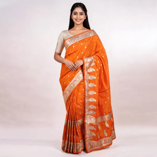 Orange_Banarasi_Mashru_Silk_Saree_For_Women