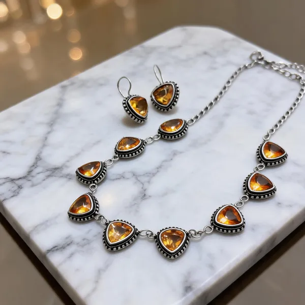 Silver-Tone_Amber_Triangle_Stone_Necklace_Set_With_Earrings