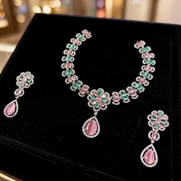 Silver_Tone_Floral_Necklace_And_Earrings_Set_for_Women