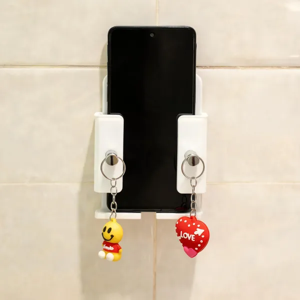 Arcylic_White_Wall_Mounted_Mobile_Phone_Holder_With_Key_Hooks