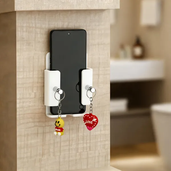 Arcylic_White_Wall_Mounted_Mobile_Phone_Holder_With_Key_Hooks