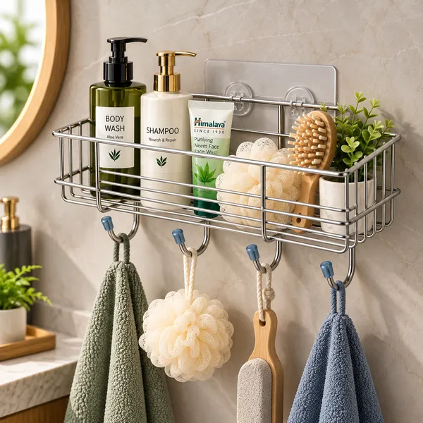 Stainless_Steel_Wall_Mounted_Basket_Organizer_With_Hooks