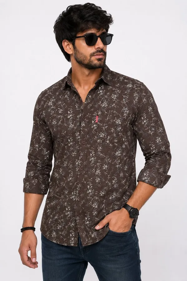 Brown_Floral_Print_Regular_Fit_Casual_Shirt_For_Men