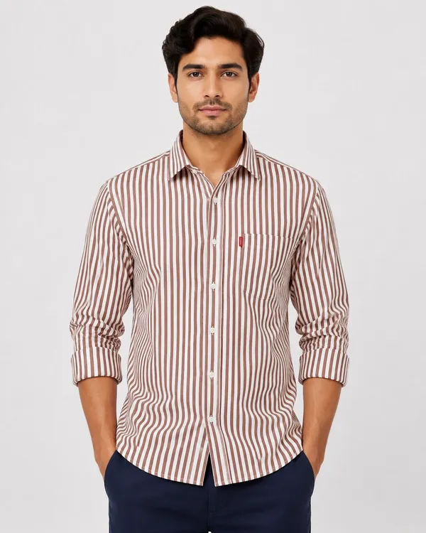 White_And_Brown_Striped_Regular_Fit_Casual_Shirt_For_Men