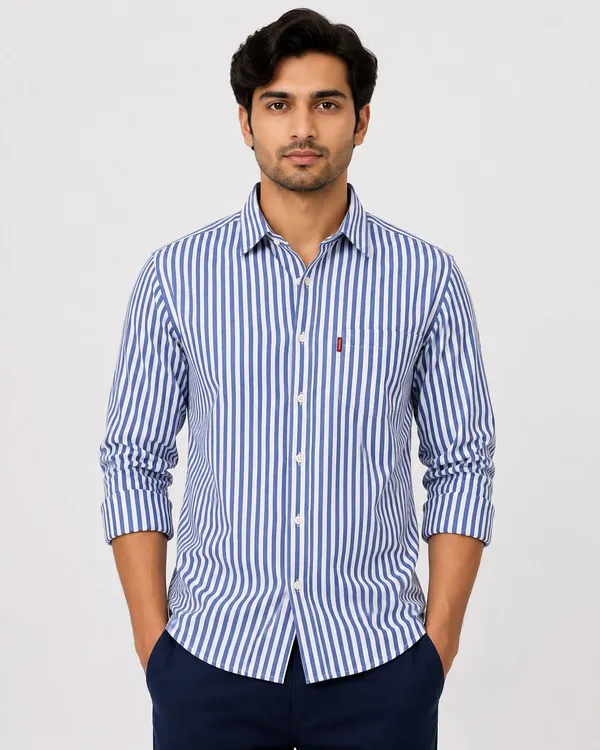 PLOTAH_Men_Striped_Casual_Blue,_White_Shirt_()