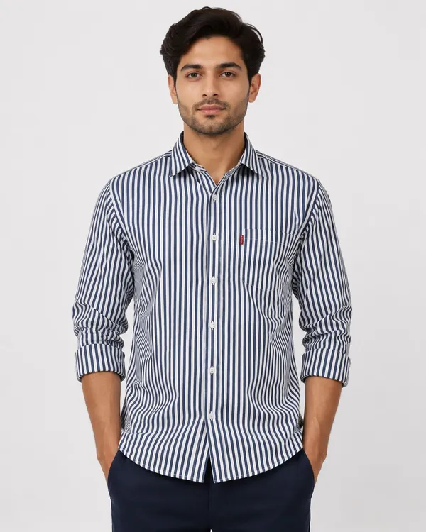 PLOTAH_Men_Striped_Casual_Blue,_White_Shirt_()