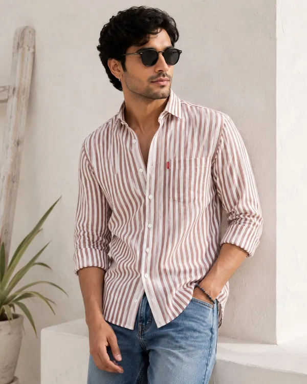 PLOTAH_Men_Striped_Casual_White,_Brown_Shirt_()