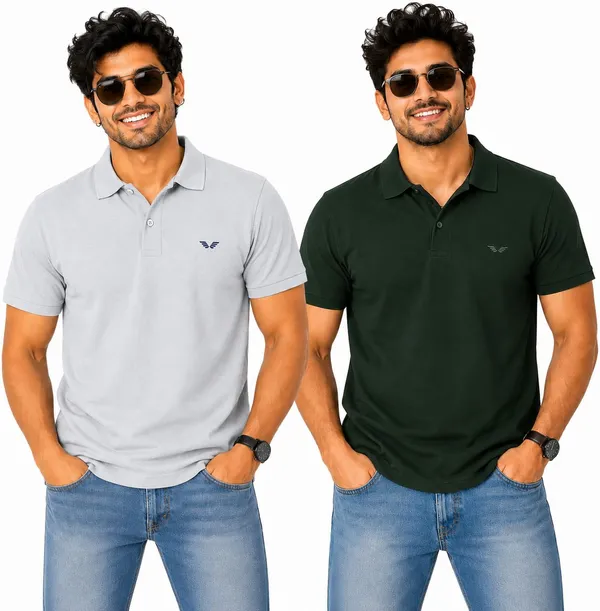 PLOTAH_Solid_Men_Polo_Neck_Grey,_Dark_Green_T-Shirt_()