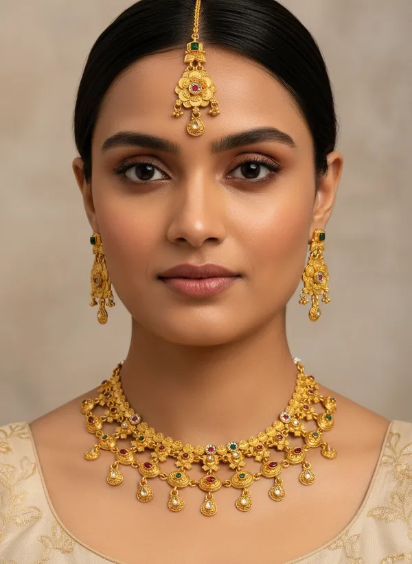 Gold_Tone_Traditional_Necklace_And_Earrings_Set_For_Women