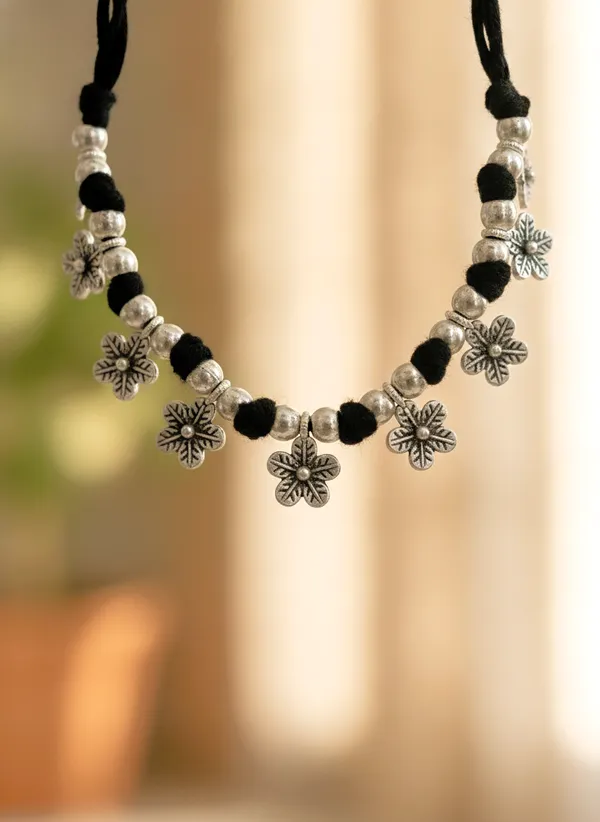 Black_Thread_Silver-Tone_Floral_Necklace_for_Women
