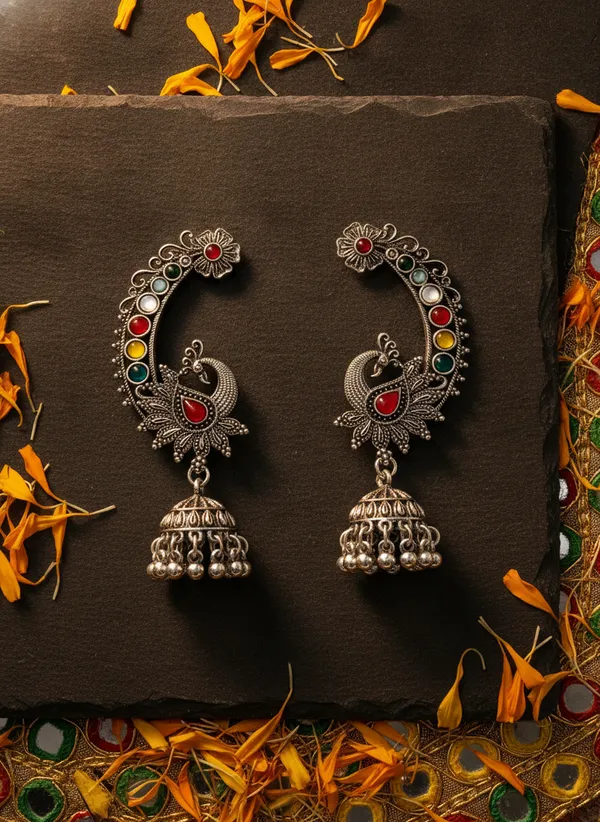 Silver_Oxidised_Peacock_Jhumka_Earrings_for_Women